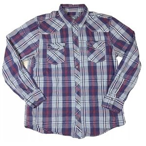 BKE Buckle Shirt Mens XL Gray Blue Metal Buttons Standard Fit L/S Plaid Western